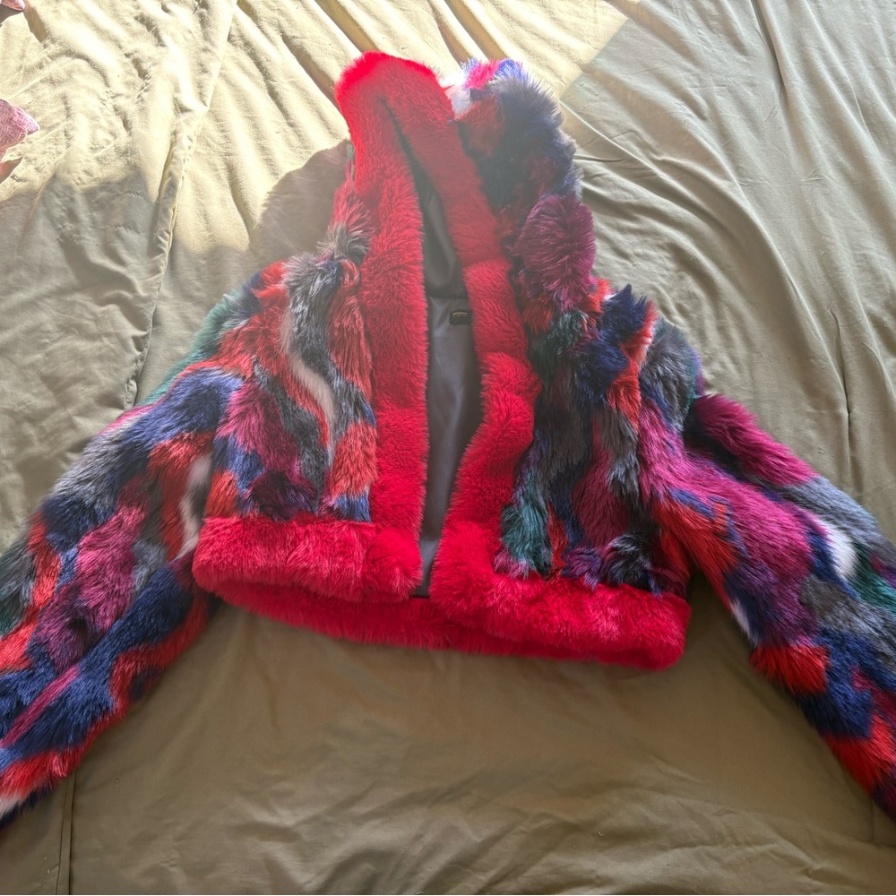 Finesse Multicolor Faux Fur Cropped Jacket | Statement Y2K Coat